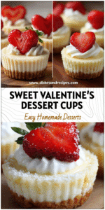 Heart-shaped Mini Cheesecakes In Cups topped with strawberries and cream on a party table.